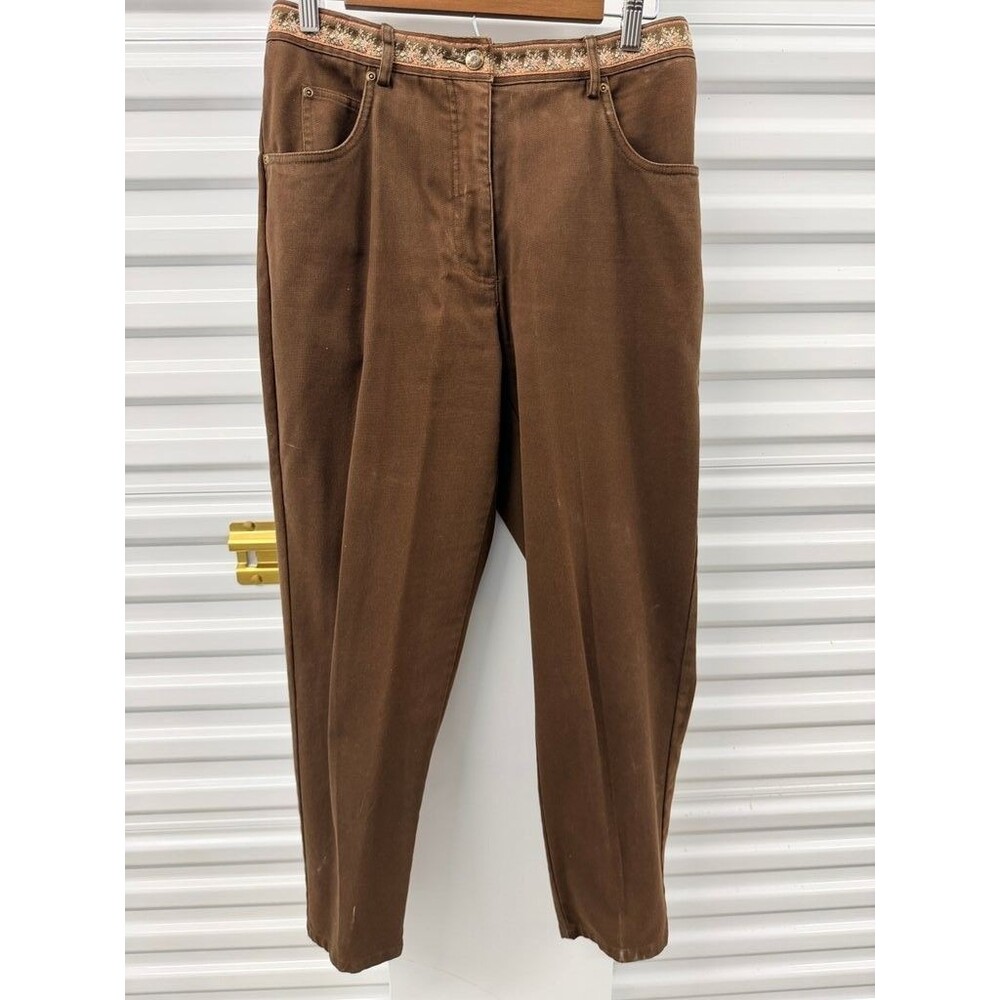 Susan Bristol Brown Casual Pants with Embroidered Trim